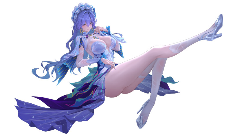 1girl absurdres asymmetrical_legwear blue_eyes blue_flower breasts cantarella_(wuthering_waves) chinese_commentary commentary_request dress facial_mark fingernails flower hair_between_eyes hair_flower hair_ornament headdress high_heels highres kneehighs large_breasts long_hair mark_under_eye mole mole_under_eye nail_polish partial_commentary purple_hair purple_nails ruo_zhishi_chu_jian shoes shrug_(clothing) simple_background single_kneehigh single_sock single_thighhigh socks solo thighhighs thighs uneven_legwear wet wet_clothes wet_dress wet_socks wet_thighhighs white_background white_dress white_shoes white_shrug white_socks white_thighhighs wuthering_waves