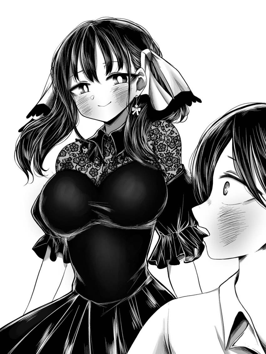1boy 1girl ao_tanuki black_dress blush boku_no_kokoro_no_yabai_yatsu breasts butterfly_hair_ornament closed_mouth collared_dress collared_shirt commentary dated_commentary dress earrings greyscale hair_ornament highres ichikawa_kyoutarou jewelry lace_dress large_breasts looking_at_another medium_hair monochrome open_mouth profile shirt short_hair simple_background smile twintails white_background white_shirt yamada_anna