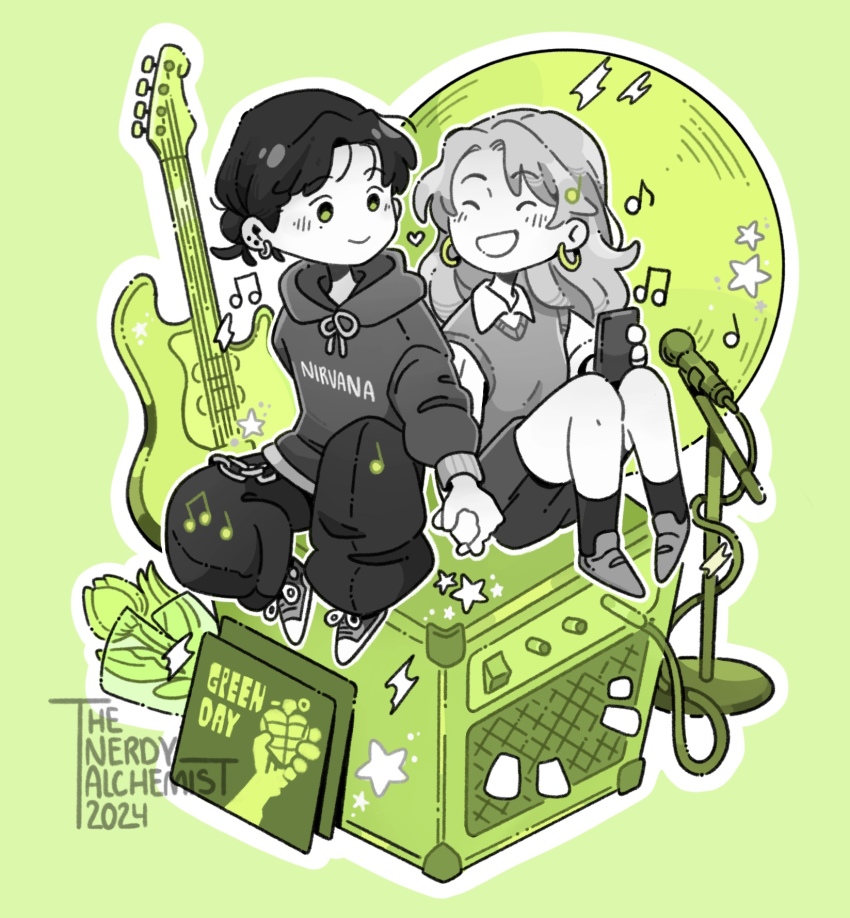 2024 2girls american_idiot amplifier artist_name beamed_eighth_notes blush bouquet cable cellphone closed_eyes collared_shirt commentary commentary_request ear_piercing earrings eighth_note electric_guitar flower green_background green_day green_eyes green_theme grin group_name guitar heart highres holding holding_hands holding_phone hood hood_down hoodie hoop_earrings instrument jewelry kininatteru_hito_ga_otoko_ja_nakatta knees_up koga_mitsuki long_hair long_sleeves looking_at_another microphone microphone_stand multiple_girls musical_note nirvana_(band) oosawa_aya parted_bangs partially_colored phone piercing quarter_note record_jacket shirt shoes short_hair short_sleeves sitting sitting_on_object smartphone smile sneakers star_(symbol) sweater_vest thenerdyalchemist tied_hoodie_strings vinyl_record yuri