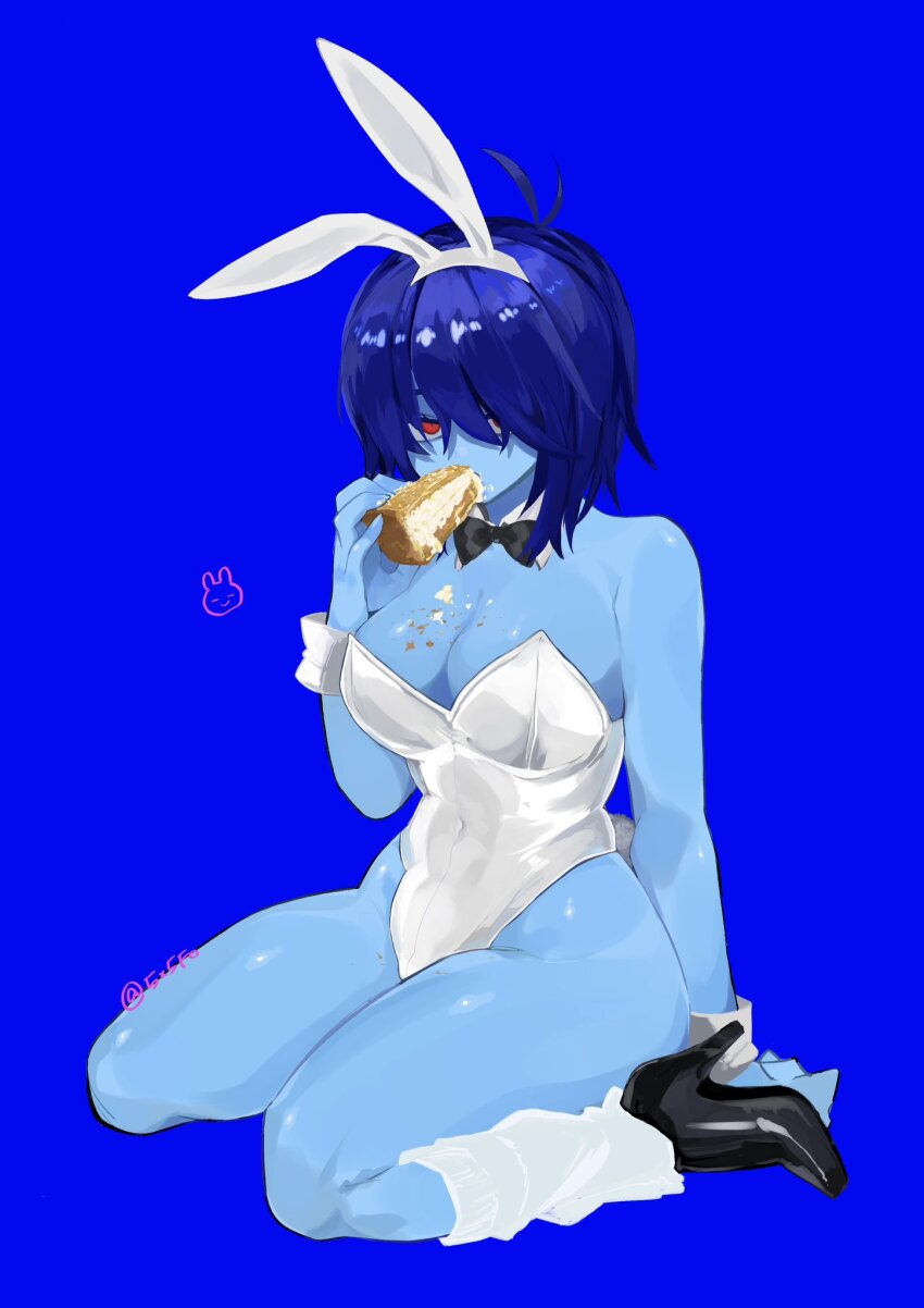 1girl 5x5fo animal_ears blue_hair blue_skin bow bowtie cheesecake colored_skin deltarune food full_body genderswap genderswap_(otf) high_heels highres kris_(deltarune) playboy_bunny rabbit_ears red_eyes sitting solo utdr_(toby_fox) wariza