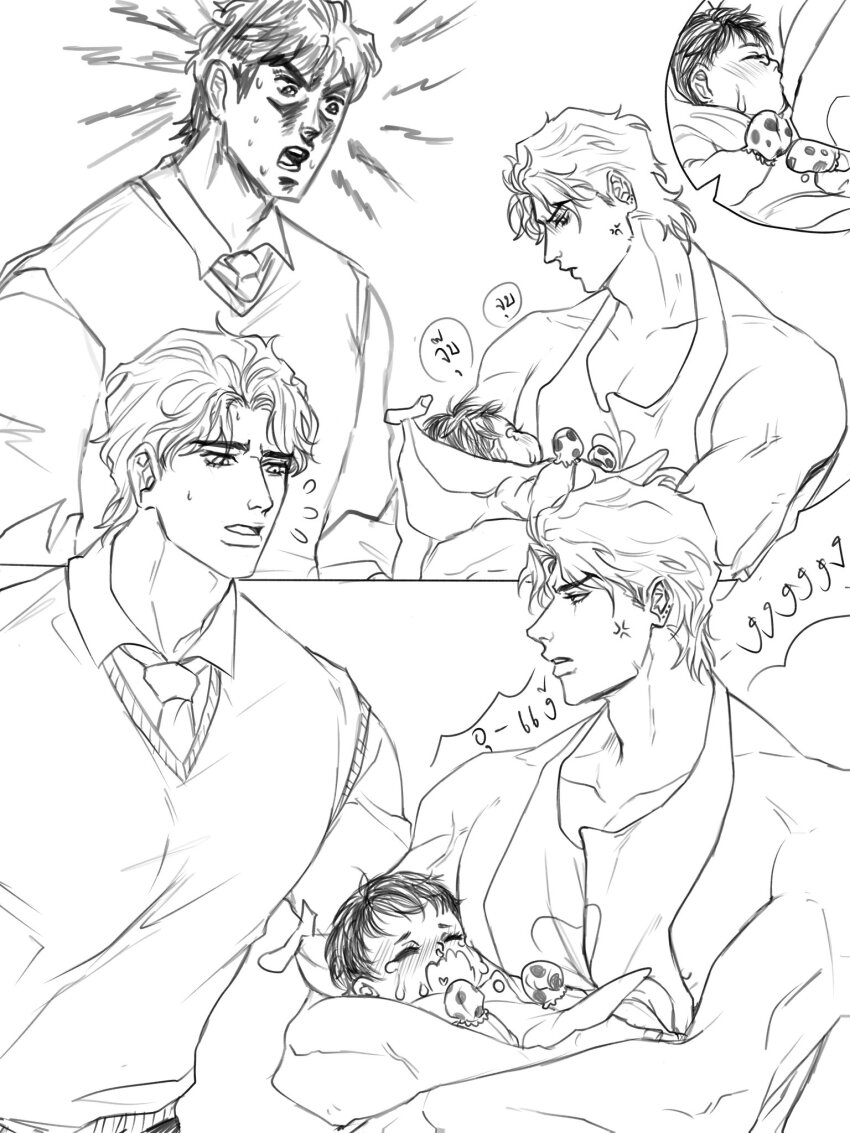 3boys aged_down anger_vein baby breastfeeding chain12123871 couple crying dio_brando father_and_daughter giorno_giovanna haruno_shiobana highres jojo_no_kimyou_na_bouken jonathan_joestar large_pectorals looking_at_another male_lactation monochrome multiple_boys muscular muscular_male nipples pectorals short_hair tears yaoi