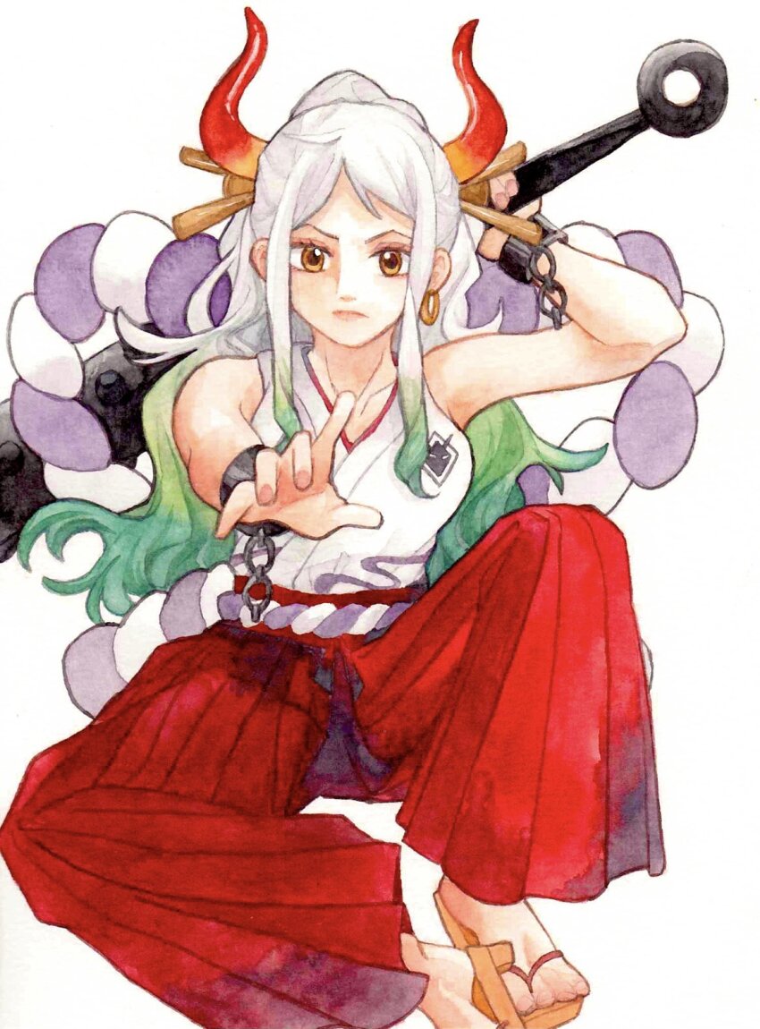 1girl club club_(weapon) cuffs earrings geta green_hair hair_ornament hakama handcuffs highres holding holding_weapon horns japanese_clothes jewelry kanabou kimono looking_at_viewer one_piece ponytail reaching reaching_towards_viewer red_hakama rope shimenawa sidelocks simple_background sinoda_maru7326 sitting sleeveless sleeveless_kimono solo weapon white_background white_hair white_kimono yamato_(one_piece)