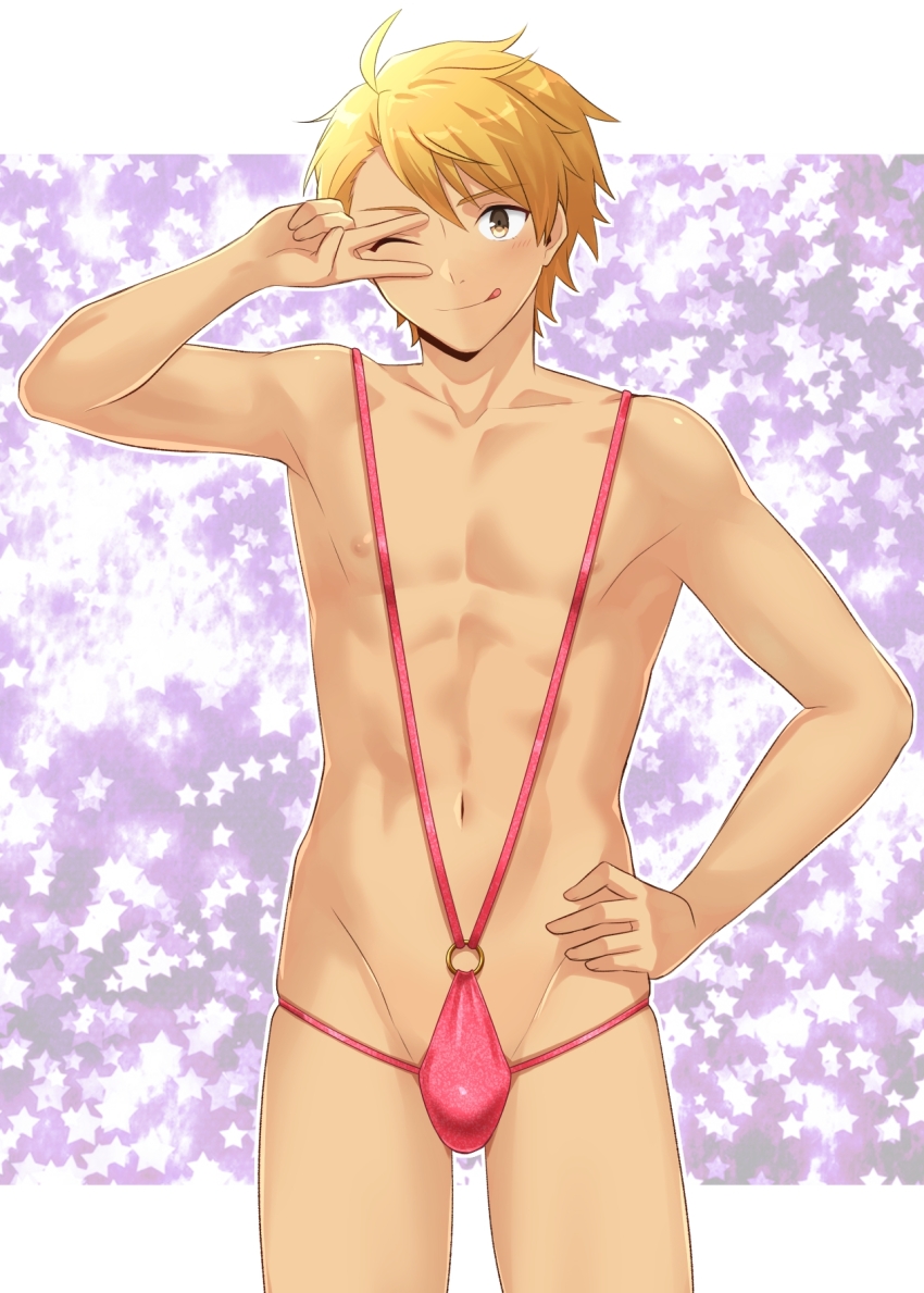 1boy ;p ahoge blonde_hair blush brown_eyes bulge collarbone commentary_request cowboy_shot groin hand_on_own_hip hand_up highres idolmaster idolmaster_side-m licking_lips linea_alba looking_at_viewer maita_rui male_focus navel nipples o-ring o-ring_swimsuit one-piece_swimsuit one_eye_closed outside_border parted_bangs pectorals pink_one-piece_swimsuit pink_slingshot_swimsuit short_hair skindentation slingshot_swimsuit solo spiked_hair standing star_(symbol) star_symbol_background swimsuit toned toned_male tongue tongue_out v v_over_eye variant_set yuya_hytk