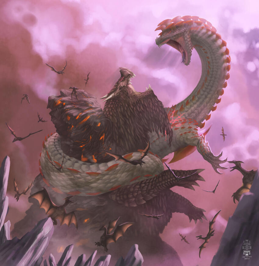 claws cliff dalamadur dragon fighting glowing highres light_rays lone-scarab looking_at_another monster_hunter_(series) nature no_humans roaring rock scales spikes sunbeam sunlight sunset wrapped wyvern zorah_magdaros