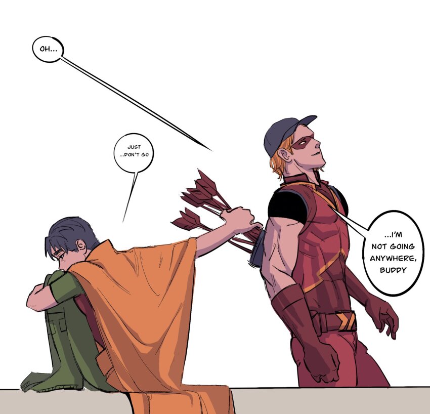 2boys archery arsenal_(dc) baseball_cap batman_(series) belt bewarebbpower black_hair bodysuit dc_comics domino_mask gloves hat highres jason_todd male_focus mask multiple_boys muscular muscular_male orange_hair pants red_bodysuit red_hood_and_the_outlaws red_mask robin_(dc) roy_harper short_hair superhero_costume taut_bodysuit two-tone_bodysuit utility_belt