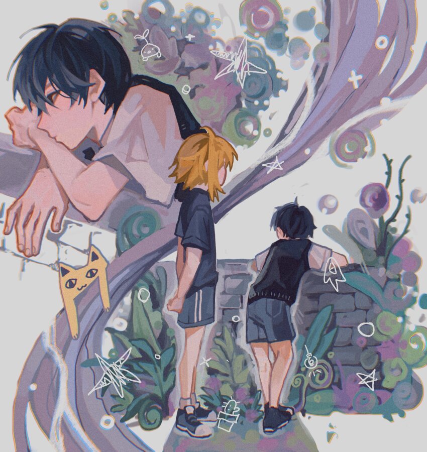 2boys alternate_costume basil_(faraway)_(omori) basil_(omori) big_yellow_cat_(omori) black_eyes black_footwear black_hair black_hood black_shorts black_sweater_vest blonde_hair collared_shirt highres male_focus multiple_boys omori sanukettart shirt shoes short_hair short_sleeves shorts sneakers something_(omori) sunny_(omori) sweater_vest white_shirt