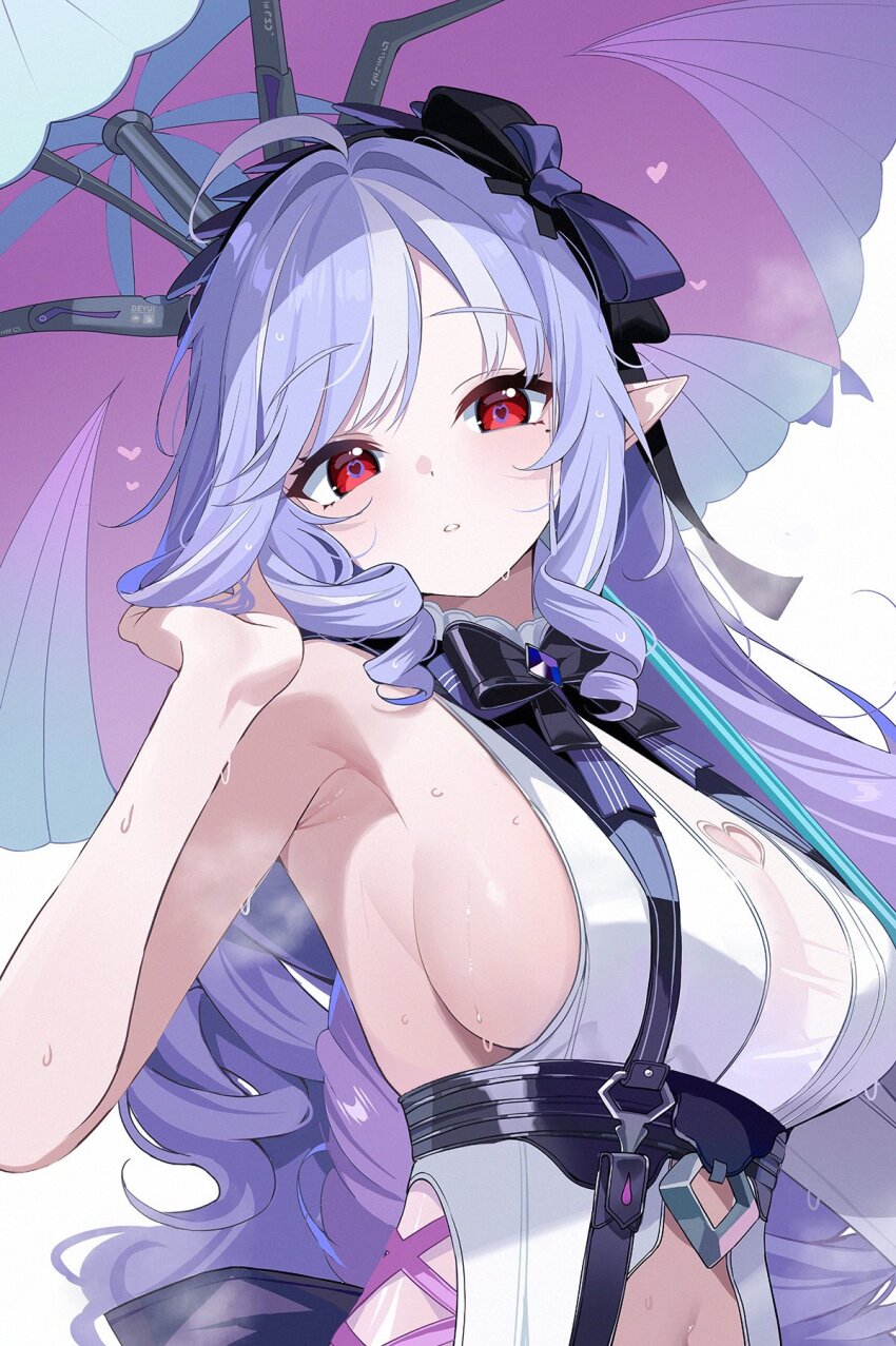 1girl adjusting_hair armpits breasts clothing_cutout deyui drill_hair drill_sidelocks heart heart-shaped_pupils heart_cutout highres large_breasts long_hair looking_at_viewer multicolored_hair official_alternate_costume one-piece_swimsuit parted_lips purple_hair red_eyes revision sideboob sidelocks simple_background solo streaked_hair sweat swimsuit symbol-shaped_pupils umbrella_over_shoulder upper_body vivian_banshee vivian_banshee_(iris_of_the_shore) white_background white_hair white_one-piece_swimsuit zenless_zone_zero