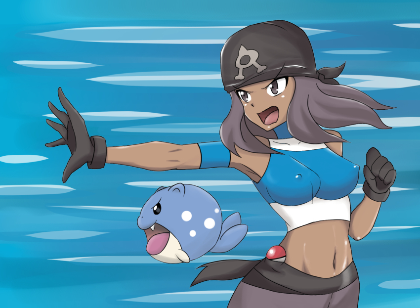 10s 1girl a.k.o.t. armband bandana bare_shoulders black_gloves breasts covered_erect_nipples crop_top dark_skin gen_3_pokemon gloves halterneck long_hair medium_breasts midriff navel nintendo npc_trainer open_mouth outstretched_hand poke_ball pokemon pokemon_(creature) pokemon_oras purple_eyes purple_hair sash spheal team_aqua team_aqua_grunt team_aqua_grunt_(female) team_aqua_grunt_(oras)