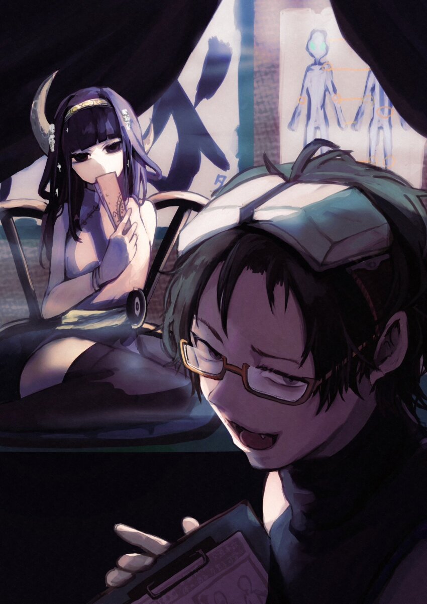 1boy 1girl animal_ears black_hair cat_ears chibi full_body glasses gnosia goggles green_hair highres jacket jewelry koyuuuuuuuuuuu long_sleeves looking_at_viewer male_focus multiple_girls navel necklace sha-ming shirt short_hair smile tail yuriko_(gnosia)