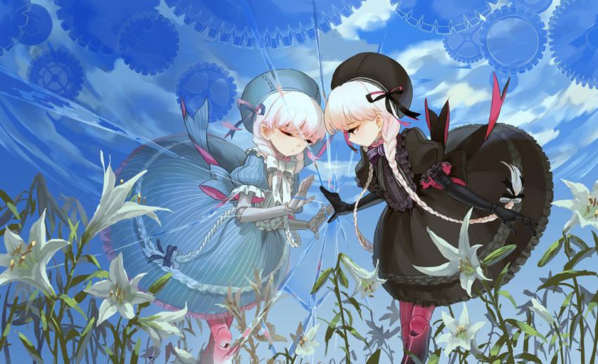 10s 2girls alice_(fate) bad_id bad_pixiv_id black_bow black_dress black_eyes black_gloves black_hat black_ribbon blue_bow blue_dress blue_hat blue_ribbon blue_sky bow braid closed_eyes cloud crack day different_reflection doll_joints dress dual_persona eyelashes fate/extra fate/grand_order fate_(series) flower frilled_dress frilled_sleeves frills gears gloves hair_bow hair_ribbon hat joints lily_(flower) long_hair looking_at_another mirror multiple_girls nursery_rhyme_(fate) nursery_rhyme_(fate/grand_order) puffy_short_sleeves puffy_sleeves reaching reflection ribbon seeker short_sleeves sky standing striped_bow striped_ribbon twin_braids twintails very_long_hair white_flower white_hair