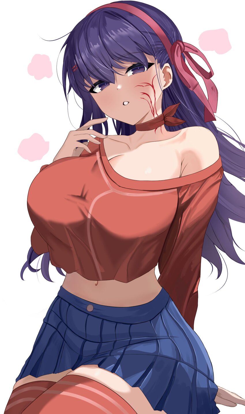 1girl absurdres bare_shoulders blue_eyes blue_hair blue_skirt blush bow breasts choker cleavage collarbone corruption cropped_top dark_persona dark_sakura earrings fate/stay_night fate_(series) hair_between_eyes hair_ribbon hairband heart heaven&#039;s_feel highres jewelry large_breasts long_hair long_sleeves looking_at_viewer matou_sakura midriff miniskirt miside navel off_shoulder open_mouth parted_lips pleated_skirt purple_eyes purple_hair red_hairband red_ribbon red_shirt red_sweater ribbon school_uniform shirt shokobr simple_background sitting skirt smile solo sweater sweater_off_shoulder thighs thighs_together very_long_hair white_background