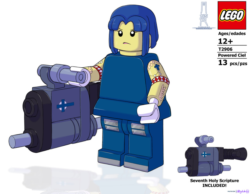 1girl blue_hair ciel_(tsukihime) d0gduk holding holding_weapon lego lego_brick lego_minifig powered_ciel serious seventh_holy_scripture short_hair tattoo tsukihime watermark weapon