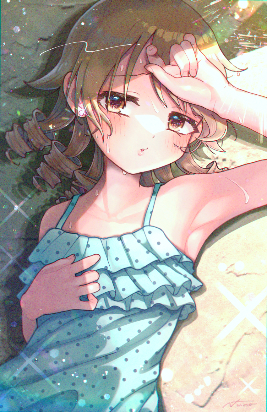 1girl @_@ absurdres armpits bare_shoulders blonde_hair blue_camisole blue_shirt blurry blush breasts camisole collarbone depth_of_field drill_hair earrings furrowed_brow glint hand_on_own_chest hand_on_own_forehead highres idolmaster idolmaster_cinderella_girls idolmaster_cinderella_girls_starlight_stage jewelry light_particles long_hair looking_at_viewer lying morikubo_nono on_back parted_lips polka_dot polka_dot_camisole polka_dot_shirt rainbow_gradient shirt signature sleeveless sleeveless_shirt small_breasts solo sparkle sunlight sweat upper_body yukinuno