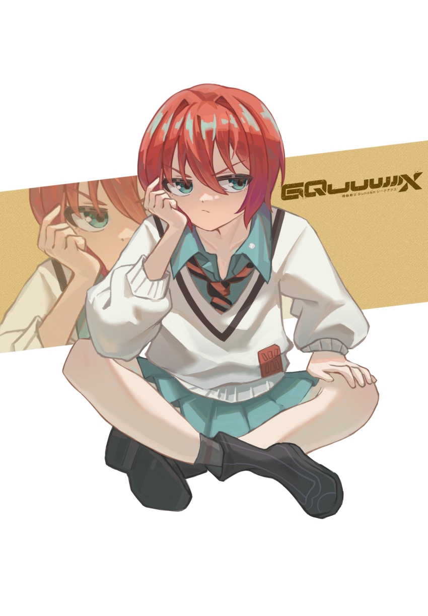 1girl amate_yuzuriha aqua_shirt aqua_skirt black_shoes closed_mouth collared_shirt copyright_name de-lease full_body green_eyes grey_socks gundam gundam_gquuuuuux hand_on_own_knee head_rest highres indian_style long_sleeves looking_to_the_side miniskirt red_hair shirt shoes short_hair sitting skirt socks sweater white_sweater wing_collar