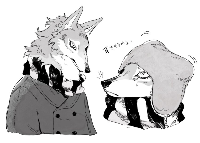 1boy beanie buttons coat earflap_beanie furry furry_male greyscale hat highres male_focus monochrome motion_lines multiple_views original portrait scarf sketch striped_clothes striped_scarf upper_body wolf_boy zumi3