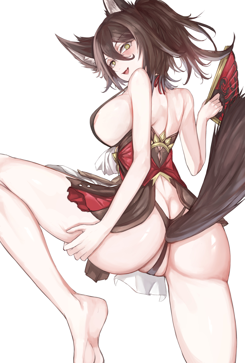 1girl :d absurdres animal_ears areola_slip ass backless_dress backless_outfit bare_arms bare_back bare_legs bare_shoulders barefoot breasts brown_hair butt_crack commentary dress fox_ears fox_tail hair_between_eyes highres honkai:_star_rail honkai_(series) large_breasts looking_at_viewer medium_hair nui_gurumi open_mouth partially_visible_vulva ponytail sleeveless sleeveless_dress smile solo standing standing_on_one_leg tail thighs tingyun_(harmony)_(honkai:_star_rail) tingyun_(honkai:_star_rail) yellow_eyes