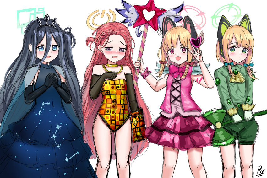 4girls :d animal_ear_headphones animal_ears aris_(blue_archive) axe black_gloves black_hair blonde_hair blue_archive blue_bow blue_dress blue_eyes blush bow braid breasts closed_mouth commentary constellation_print cosplay covered_navel dress elbow_gloves english_commentary fake_animal_ears feet_out_of_frame forehead gloves green_eyes green_shirt green_shorts grey_eyes hair_bow halo hand_up headphones heart highres holding holding_axe holding_staff inktober king_of_greed king_of_greed_(cosplay) knight_of_despair knight_of_despair_(cosplay) leotard lobotomy_corporation long_hair long_sleeves midori_(blue_archive) momoi_(blue_archive) multiple_girls nose_blush one_side_up open_mouth own_hands_together pink_shirt pink_skirt pink_vest power_symbol print_dress project_moon puffy_shorts queen_of_hatred queen_of_hatred_(cosplay) red_bow red_eyes red_hair rylaera servant_of_wrath servant_of_wrath_(cosplay) shirt short_shorts shorts sidelocks signature simple_background skirt small_breasts smile staff standing strapless strapless_leotard v v-shaped_eyebrows very_long_hair vest white_background white_gloves yuzu_(blue_archive)