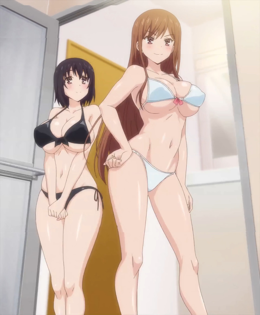 2girls anime_screenshot ass ayane_shirakawa bikini black_bikini black_hair breasts brown_hair cleavage curvy highres huge_ass huge_breasts kotone_shirakawa large_breasts long_hair multiple_girls overflow_(anime) short_hair siblings swimsuit white_bikini