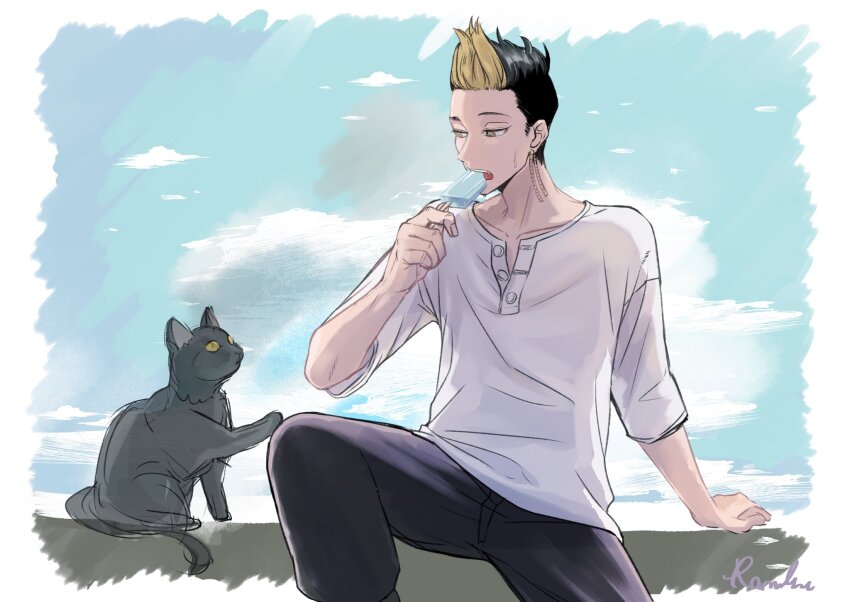 1boy arm_support artist_name black_cat black_hair black_pants blonde_hair blue_sky border cat cloud collarbone commentary_request day earrings eating fang food hand_up hanma_shuuji highres holding holding_food holding_popsicle jewelry looking_at_animal looking_down male_focus multicolored_hair open_mouth outdoors outside_border pants popsicle ramfu shirt short_hair short_sleeves signature single_earring sitting sky solo spiked_hair sweatdrop teeth tokyo_revengers two-tone_hair undercut upper_teeth_only white_border white_shirt yellow_eyes