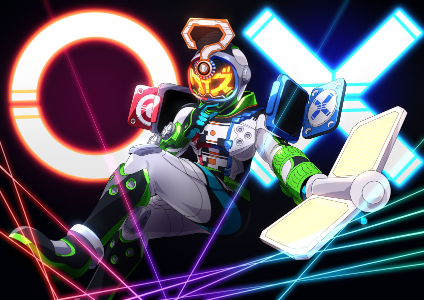 1boy ? absurdres beyondriver black_background book commentary compound_eyes crossed_legs finger_to_mouth highres holding holding_book kamen_rider kamen_rider_woz kamen_rider_woz_(futurering_quiz) kamen_rider_zi-o_(series) male_focus multicolored_armor orange_eyes otokamu quiz quiz_miridewatch