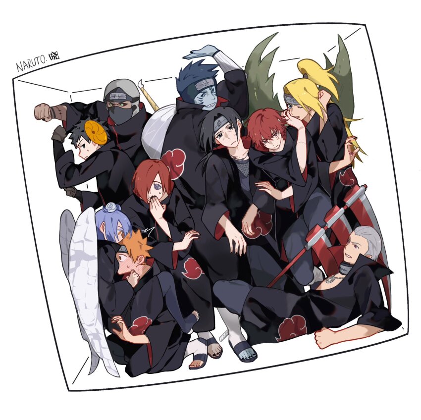 akatsuki_uniform anger_vein angry annoyed aptx20000 bag black_eyes black_nails blue_eyes blue_skin box colored_skin covering_own_mouth dark_skin deidara_(naruto) doll_joints everyone grin hair_bun hand_over_own_mouth headband hidan_(naruto) high_ponytail highres hoshigaki_kisame joints kakuzu_(naruto) konan_(naruto) low_ponytail lying mask medium_hair nagato_(naruto) naruto_(series) naruto_shippuuden on_back one_eye_closed ponytail purple_eyes red_hair sandals sasori_(naruto) scythe sharp_teeth short_hair shoving simple_background smile squishing stitched_arm stitches surprised teeth uchiha_itachi uchiha_obito white_background wings yahiko_(naruto) yellow_eyes zetsu_(naruto)