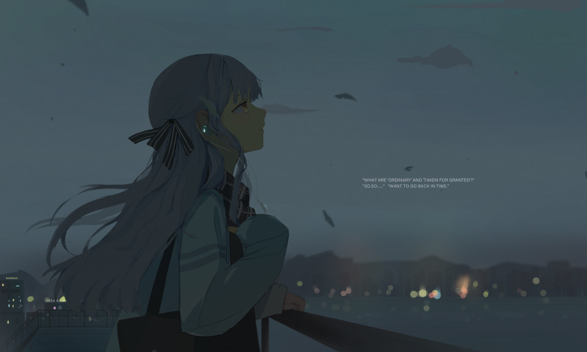 1girl absurdres bag bang_dream! bang_dream!_it&#039;s_mygo!!!!! blue_hair city cityscape earphones english_text gradient_background grey_sky hair_ribbon half-closed_eyes hannaz highres holding holding_bag long_hair ribbon scarf scenery shoulder_bag sky striped_ribbon togawa_sakiko twilight water yellow_eyes