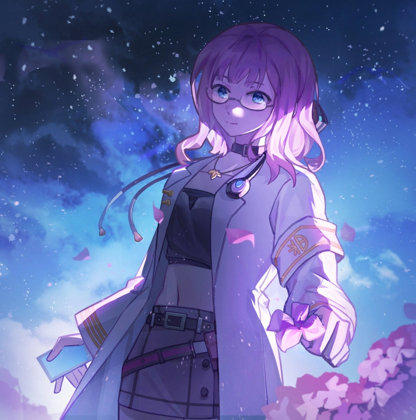1girl armband baijie_lucerole belt black_choker black_shirt blue_eyes brown_skirt cellphone choker closed_mouth cloud coat cowboy_shot crop_top falling_petals flower glasses heaven_burns_red highres higuchi_seika holding holding_flower holding_phone jewelry lab_coat ladra long_hair long_sleeves looking_at_viewer medium_hair midriff miniskirt navel necklace night night_sky open_clothes open_coat outdoors petals phone pink_flower pink_hair semi-rimless_eyewear shirt skirt sky smartphone smile solo star_(sky) star_(symbol) starry_sky strapless tube_top under-rim_eyewear white_coat