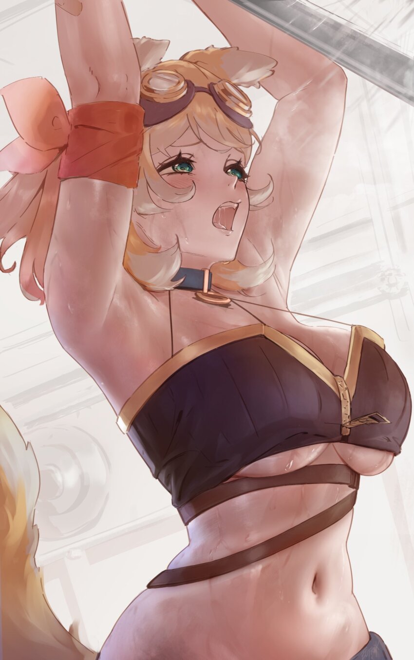 1girl animal_ears armband armpits arms_up bandaid bandaid_on_arm bare_shoulders blue_collar blush bonnie_barkswell breasts brown_bustier bustier cleavage collar commentary dog_ears dog_girl dog_tail english_commentary eufrik globie goggles goggles_on_head green_eyes highres holding holding_pole large_breasts medium_hair multi-strapped_shirt navel o-ring_collar open_mouth orange_armband pole solo stomach sweat tail underboob virtual_youtuber