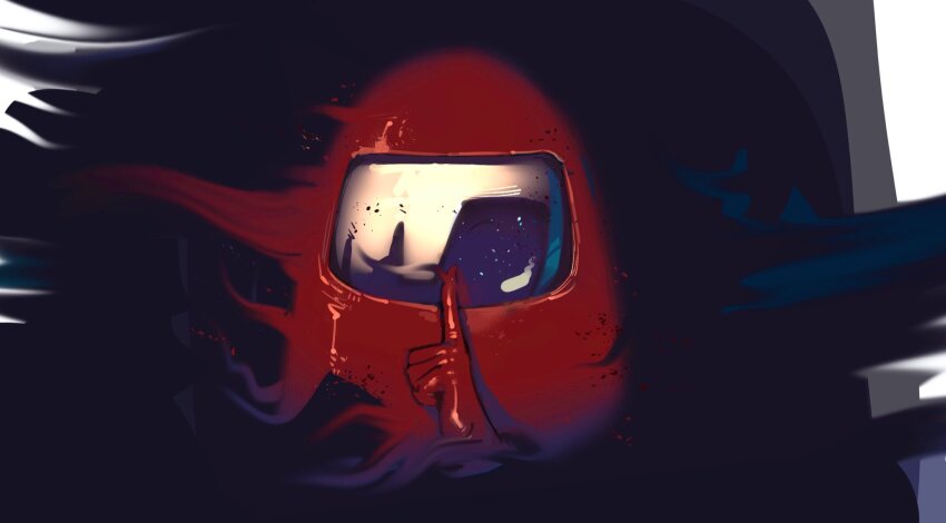 1other among_us commentary crewmate_(among_us) dissolving english_commentary finger_to_mouth highres index_finger_raised kaerudouhu other_focus red_(among_us) shushing solo spacesuit upper_body