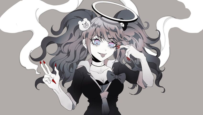 1girl bear_hair_ornament blue_eyes bra breasts chinese_commentary choker cleavage collarbone collared_jacket commentary_request crazy danganronpa:_trigger_happy_havoc danganronpa_(series) enoshima_junko eyelashes fingernails gradient_eyes grey_background hair_ornament halo hands_up highres jacket lapels long_hair looking_at_viewer multicolored_eyes nail_polish notched_lapels parody_request partially_colored purple_eyes red_nails red_pupils sanyue_bingbing sharp_fingernails shirt short_sleeves simple_background sleeve_cuffs smoke solo textless_version traditional_halo twintails underwear upper_body