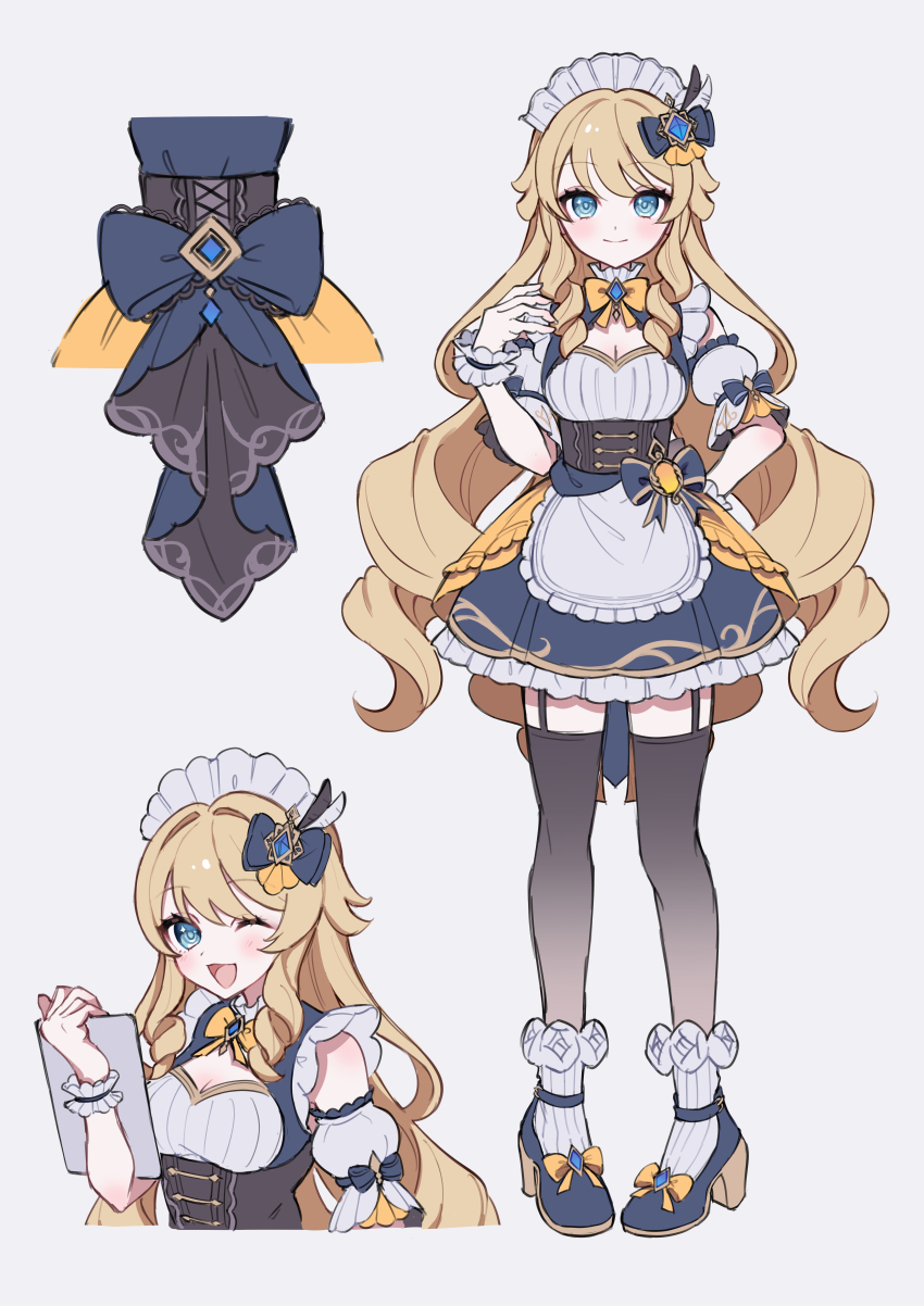1girl ;d absurdres alternate_costume apron black_bow blonde_hair blue_bow blue_dress blush bow breasts clipboard closed_mouth commentary detached_sleeves dress enmaided frilled_hairband frilled_wrist_cuffs frills full_body genshin_impact hair_bow hairband hand_on_own_hip hand_up highres holding holding_clipboard long_hair maid maid_headdress medium_breasts multiple_views navia_(genshin_impact) one_eye_closed open_mouth puffy_short_sleeves puffy_sleeves short_sleeves sikaku simple_background smile standing twitter_username very_long_hair white_apron white_background white_hairband wrist_cuffs