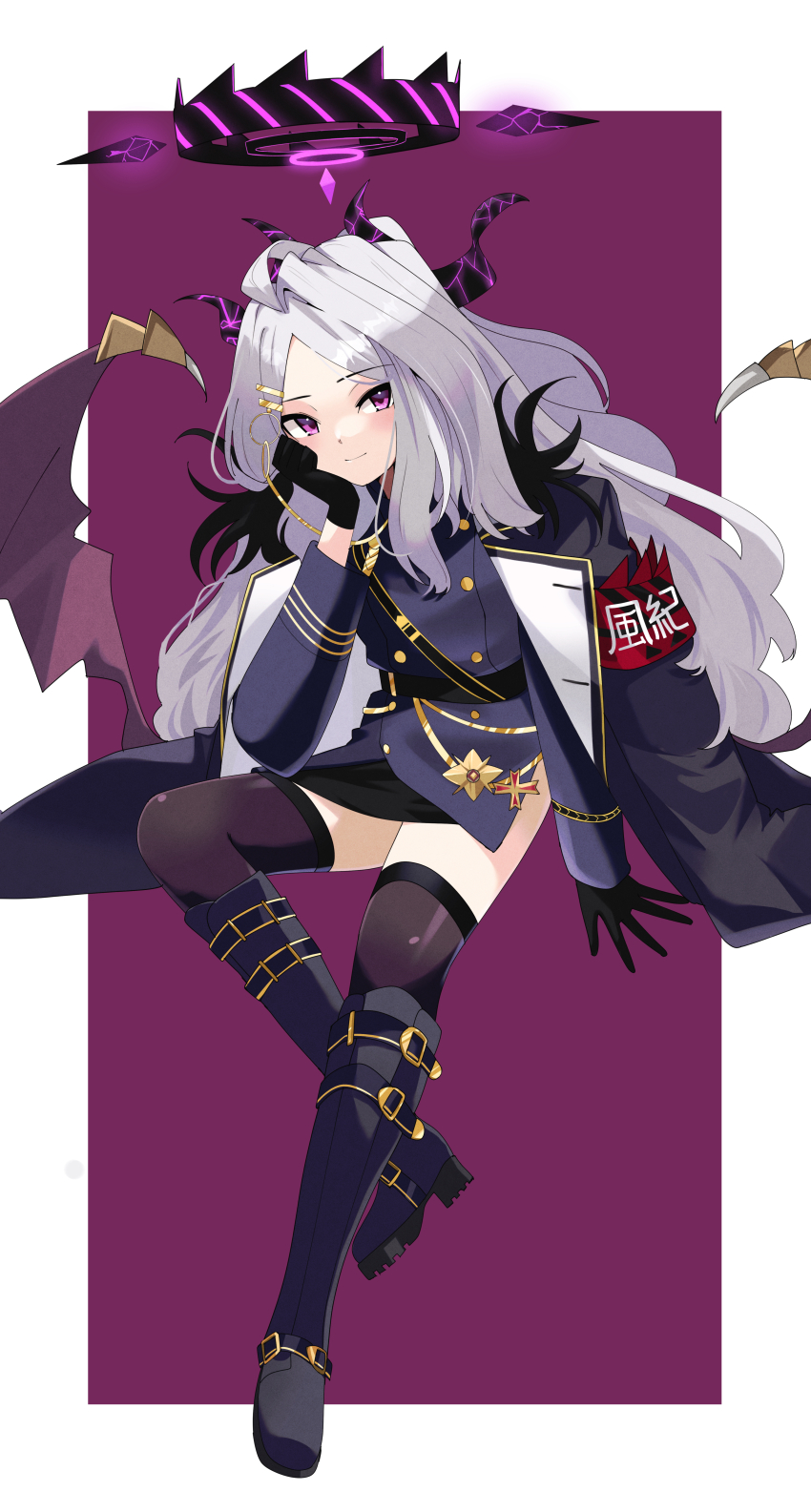 1girl absurdres ahoge aiguillette armband belt_boots black_boots black_gloves black_halo black_horns black_skirt black_thighhighs blue_archive boots buttons closed_mouth coat coat_on_shoulders commentary_request cross demon_horns double-breasted full_body gloves grey_coat halo hand_on_own_cheek hand_on_own_face highres hina_(blue_archive) horns iron_cross knee_boots long_hair long_sleeves looking_at_viewer military_uniform miniskirt multiple_horns parted_bangs pencil_skirt purple_background purple_eyes simple_background skirt smile solo thighhighs very_long_hair white_background white_hair zono_(inokura_syuzo029)