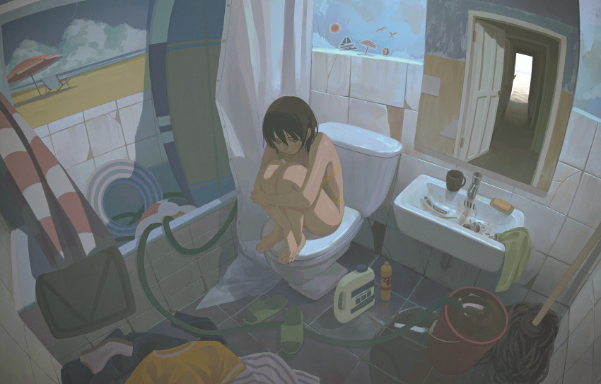 1girl absurdres ball barefoot bathroom bathtub beach beachball black_hair blush_stickers bottle bra bright_pupils brown_eyes bucket cup curtains dirty doorway highres hose hugging_own_legs indoors jiankun_yu knees_up legs_folded looking_at_viewer mirror mop mug on_toilet original panties pill pill_bottle puddle reflection sandals short_hair sink sitting slice_of_life soap solo tile_floor tile_wall tiles toes underwear unworn_clothes unworn_sandals yellow_bra yellow_panties