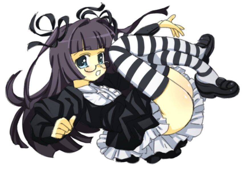 1girl black_dress black_hair black_shoes blue_eyes blunt_bangs center_frills collared_dress dress frilled_dress frills full_body glasses hair_intakes hair_ribbon highres loafers long_hair long_sleeves original ribbon semi-rimless_eyewear shoes simple_background solo striped_clothes striped_thighhighs thighhighs two_side_up veloexotica white_background