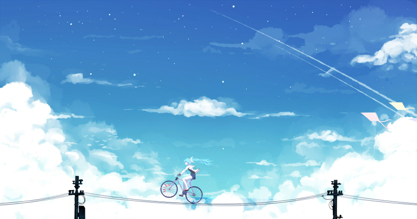 1girl aqua_hair bicycle black_shirt character_name cloud cloudy_sky contrail day female_focus from_side hatsune_miku highres hood hoodie kite long_hair long_sleeves md5_mismatch outdoors profile qys3 riding shirt shorts sky solo twintails utility_pole vocaloid