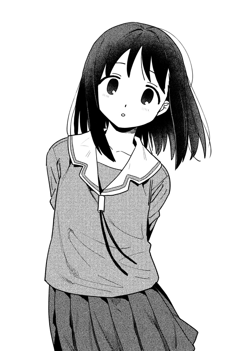 1girl absurdres arms_behind_back azumanga_daioh&#039;s_school_uniform azumanga_daiou blush collarbone commentary cowboy_shot greyscale highres kasuga_ayumu looking_at_viewer medium_hair monochrome neck_ribbon parted_lips pleated_skirt ribbon sailor_collar school_uniform shirt simple_background skirt solo white_background zinbei