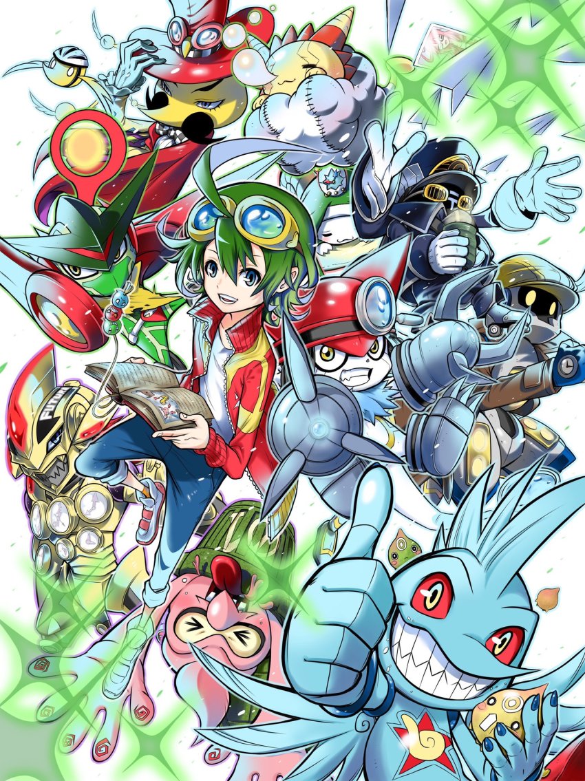 clock cloud digimon closed_eyes gatchmon goggles goggles_on_head gomimon gossipmon highres mailmon navimon_(appmon) shinkai_haru sleepmon smile sociamon tapmon thumbs_up timemon trash_can tubumon weathermon