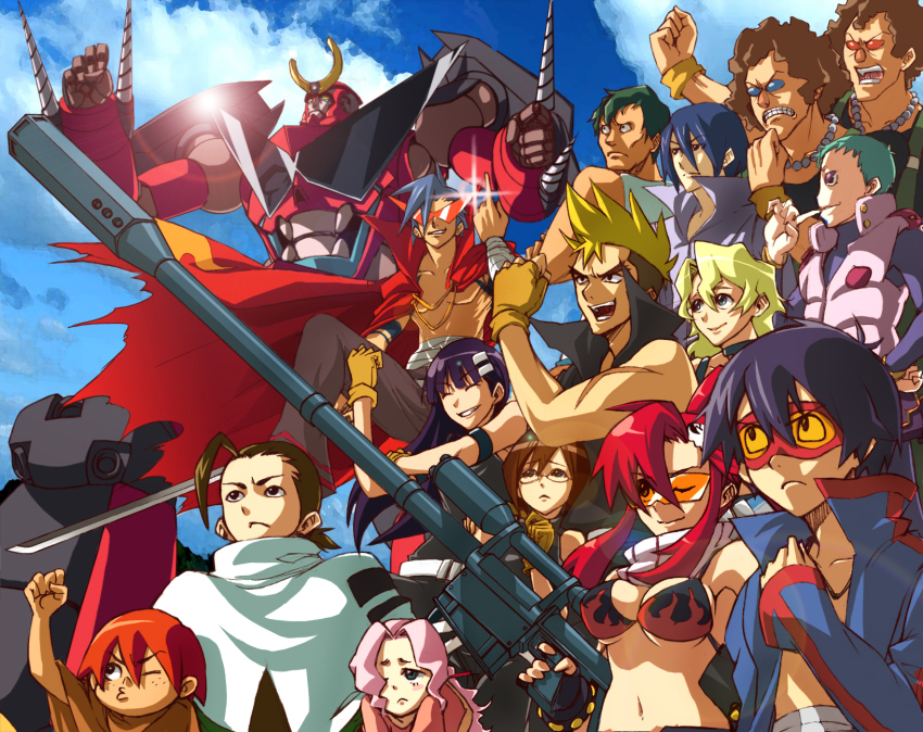 00s 6+boys 6+girls ailac_coega anti-materiel_rifle bad_id bad_pixiv_id barinbo darry_adai day dayakka everyone gimmy_adai gun gurren-lagann highres jogan kamina_(ttgl) kan_(tachi) kinon_bachika kittan_bachika kiyal_bachika kiyoh_bachika leeron_littner lens_flare mecha multiple_boys multiple_girls rifle robot rossiu_adai simon_(ttgl) sky sniper_rifle tengen_toppa_gurren_lagann weapon yoko_littner