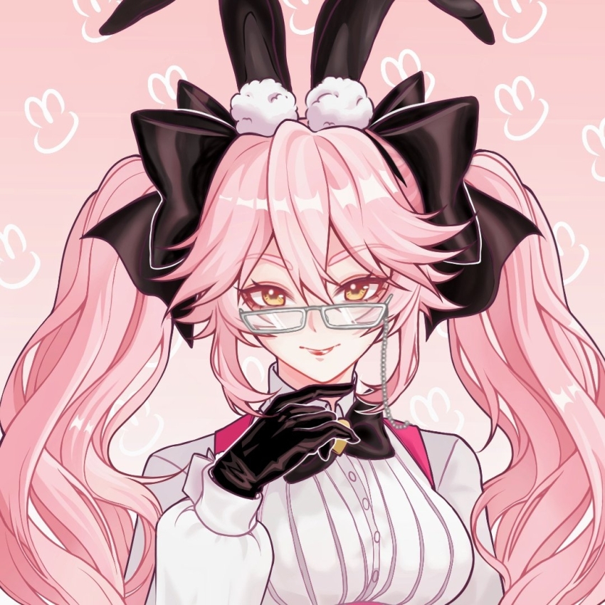 1girl animal_ear_fluff animal_ears black_bow black_bowtie black_gloves black_ribbon bow bowtie closed_mouth commentary fate/grand_order fate_(series) glasses gloves hair_between_eyes hair_ribbon koyanskaya_(assassin)_(second_ascension)_(fate) koyanskaya_(fate) long_hair long_sleeves looking_at_viewer looking_over_eyewear pink_background pink_hair rabbit_background rabbit_ears ribbon shirt smile solo symbol-only_commentary tamamo_(fate) twintails user_sppt4433 white_shirt yellow_eyes
