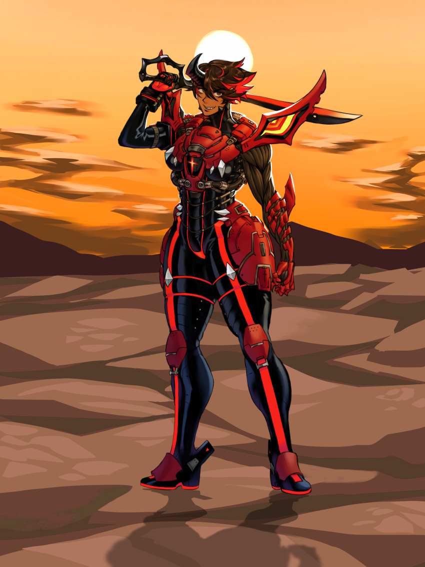 1girl absurdres adapted_costume alternate_costume armor asymmetrical_arms biomechanical black_armor black_bodysuit black_horns bodysuit breastplate brown_hair claws corruption crossover dark-skinned_female dark_skin day_of_wrath_(infinitypilot) demon demon_girl demon_horns doom_(2016) doom_(series) doom_eternal elite_guard_(doom) fanfic fantasy full_armor fusion glowing glowing_armor glowing_hair highres holding holding_sword holding_weapon horns kamui_(kill_la_kill) kill_la_kill life_fiber living_armor living_clothes matoi_ryuuko monster_girl multicolored_hair mutant mutation occult original pauldrons red_armor red_hair ruby_taylor_(day_of_wrath) sbigbro science_fiction scissor_blade_(kill_la_kill) senketsu short_hair shoulder_armor sigil smile soldier solo spiked_pauldrons standing sunrise sunset sword teeth vorpal_sword_(day_of_wrath) warrior weapon