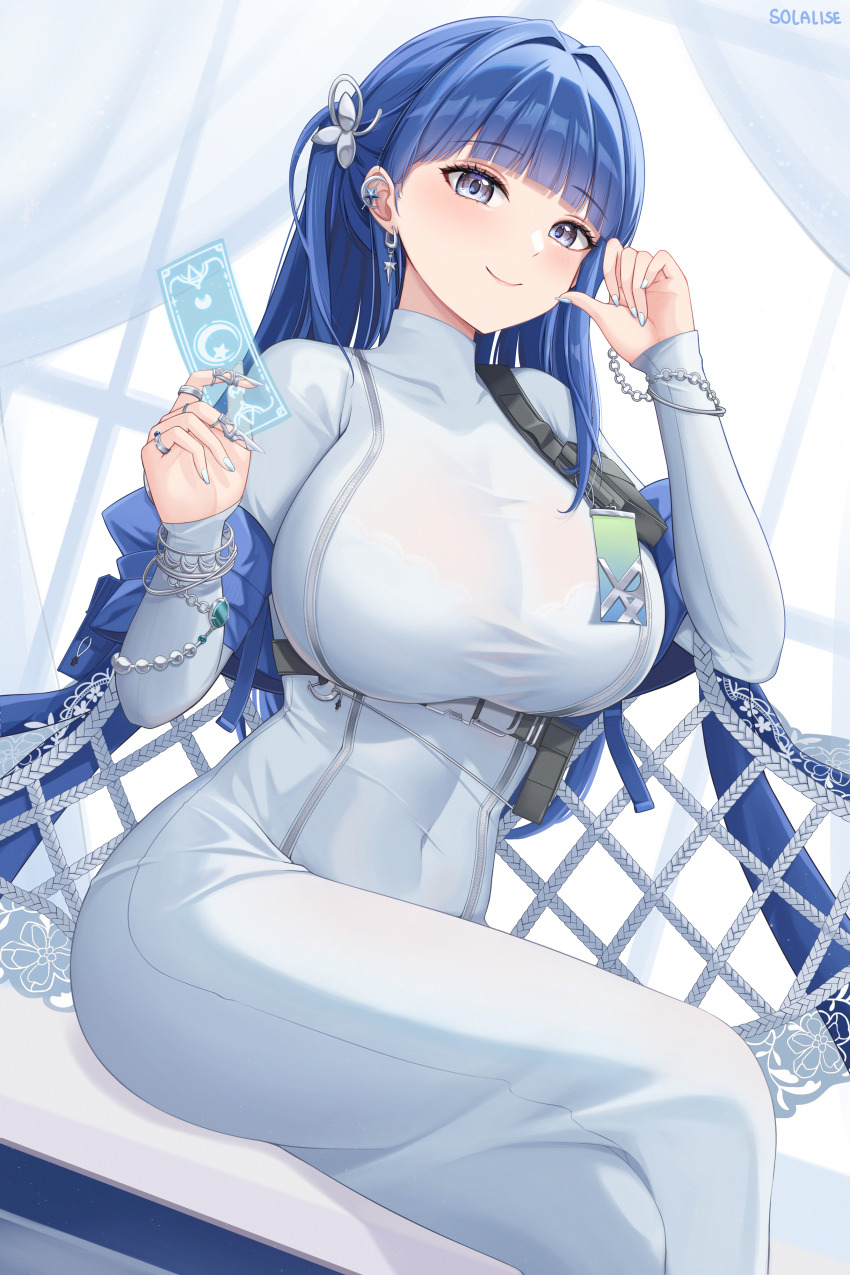 1girl absurdres arcana_(nikke) bench blue_eyes blue_hair blunt_bangs bra_visible_through_clothes bracelet breasts card commentary covered_collarbone covered_navel cowboy_shot crossed_legs curtains dress dutch_angle ear_piercing earrings english_commentary goddess_of_victory:_nikke hair_intakes hair_ornament highres jewelry large_breasts leaf_hair_ornament long_hair long_sleeves looking_at_viewer nail_polish piercing pouch ring see-through_clothes see-through_dress shawl sitting smile solalise solo strap tarot tarot_card turtleneck white_dress white_nails white_shawl wind zipper