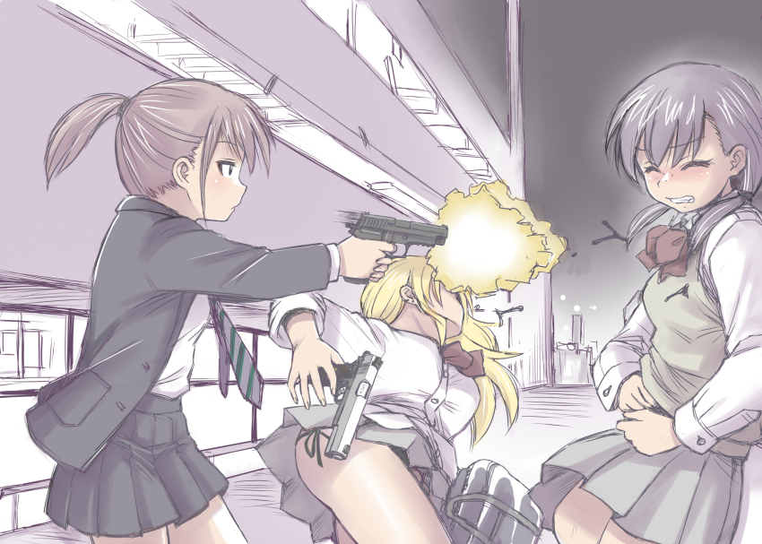 3girls black_hair blonde_hair brown_eyes brown_hair collateral commentary ebifly gun handgun highres holster long_hair multiple_girls necktie original panties parody ponytail school_uniform short_ponytail side-tie_panties twintails underwear weapon