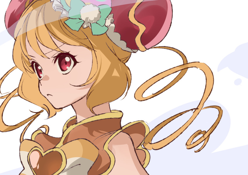1girl absurdres aqua_bow bare_shoulders blonde_hair bow bowtie brooch bun_cover closed_mouth collared_shirt cure_yum-yum delicious_party_precure double_bun drill_hair eyelashes food-themed_hair_ornament frilled_shirt frills frown hair_bun hair_ornament hanamichi_ran hat hat_bow heart heart_brooch highres jewelry long_hair looking_ahead orange_brooch orange_shirt pointy_nose pom_pom_hat_ornament precure red_eyes shipu_(gassyumaron) shirt single_stripe sleeveless sleeveless_shirt solo striped_bow striped_bowtie striped_clothes tareme twin_drills upper_body v-shaped_eyebrows white_background wind yellow_bow yellow_bowtie