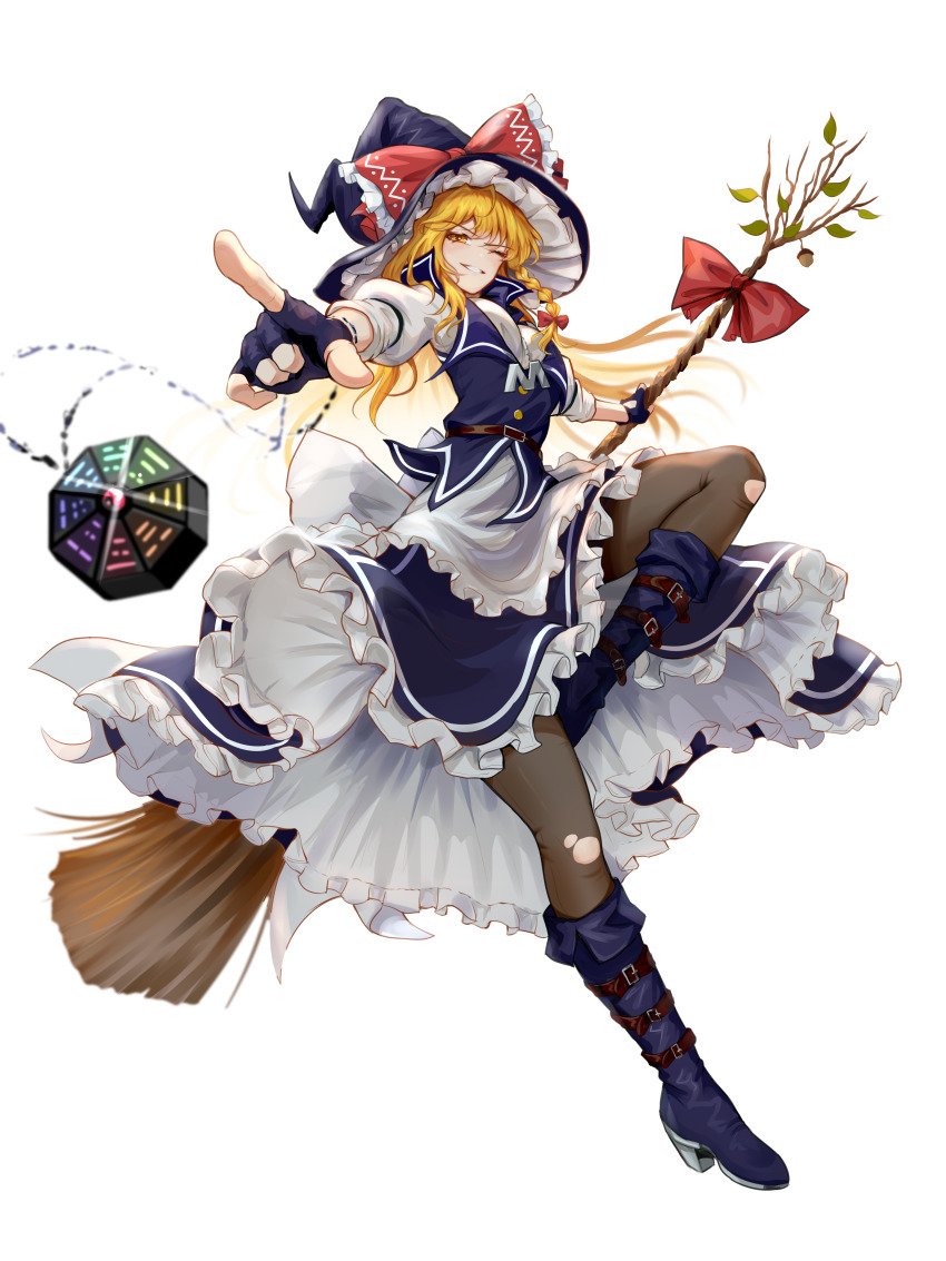 1girl absurdres apron belt black_thighhighs blonde_hair blue_boots blue_gloves blue_hat blue_skirt blue_vest boots bow braid breasts broom broom_ribbon brown_belt commentary dated_commentary edz_drawz english_commentary fingerless_gloves frilled_bow frilled_hat frilled_skirt frills full_body gloves grin hair_ribbon hat hat_bow high_heel_boots high_heels highres holding holding_broom kirisame_marisa leg_up long_hair medium_breasts mini-hakkero mushroom one_eye_closed parted_lips red_bow red_ribbon ribbon shirt signature simple_background single_braid skirt skirt_set smile solo standing standing_on_one_leg thighhighs three-quarter_sleeves torn_clothes torn_thighhighs touhou transparent_background vest waist_apron white_apron white_shirt witch_hat yellow_eyes