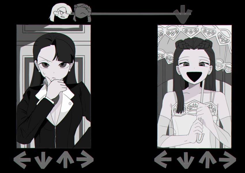2girls :d ace_attorney asymmetrical_bangs braid dahlia_hawthorne dress earrings friday_night_funkin&#039; greyscale hand_up highres holding holding_umbrella ikitu0 jacket jewelry long_hair long_sleeves looking_at_viewer mia_fey mole mole_under_mouth monochrome multiple_girls open_mouth parody phoenix_wright:_ace_attorney_-_trials_and_tribulations smile umbrella v-shaped_eyebrows