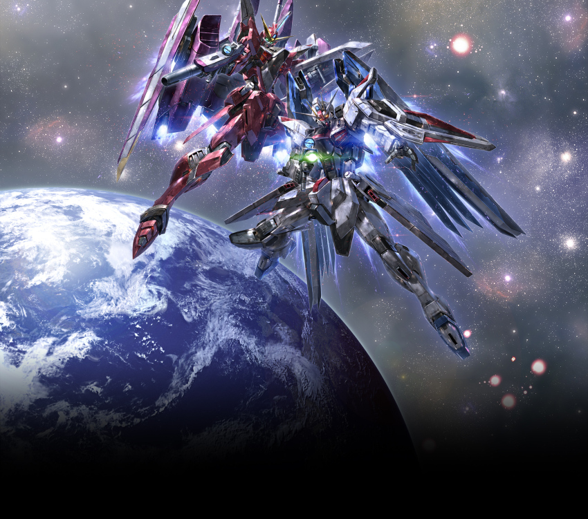 beam_rifle energy_sword energy_gun freedom_gundam glowing green_eyes gun gundam gundam_seed highres holding holding_gun holding_shield holding_weapon justice_gundam mecha mechanical_wings mobile_suit morishita_naochika no_humans official_art robot science_fiction shield v-fin weapon wings yellow_eyes