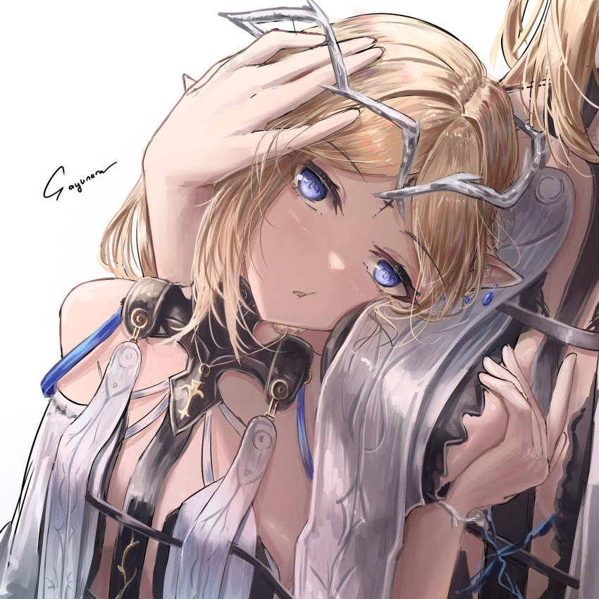 2girls :t artist_name bare_shoulders black_collar blonde_hair blue_eyes breasts cartethyia_(wuthering_waves) collar commentary crown_of_thorns dual_persona fleurdelys_(wuthering_waves) head_on_another&#039;s_shoulder head_out_of_frame highres large_breasts leaning_on_person long_hair looking_at_viewer multiple_girls open_mouth pointy_ears shi3 side-by-side simple_background small_breasts tabard tacet_mark_(wuthering_waves) white_background white_tabard wuthering_waves yuri