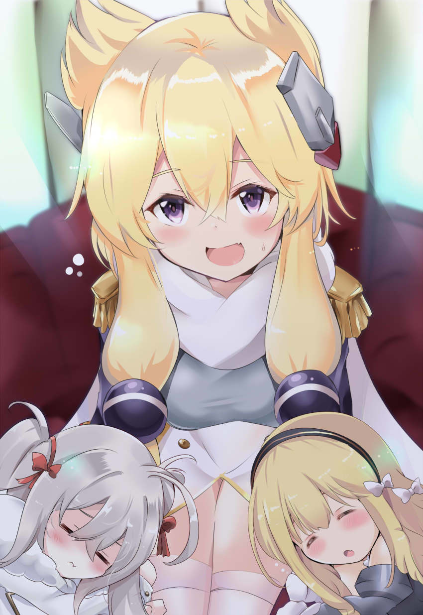 3girls azur_lane blonde_hair epaulettes hair_between_eyes headgear highres long_hair looking_at_viewer multiple_girls open_mouth purple_eyes queen_elizabeth_(azur_lane) silver_hair sitting sleeping tonchinkan twintails valiant_(azur_lane) warspite_(azur_lane) white_legwear