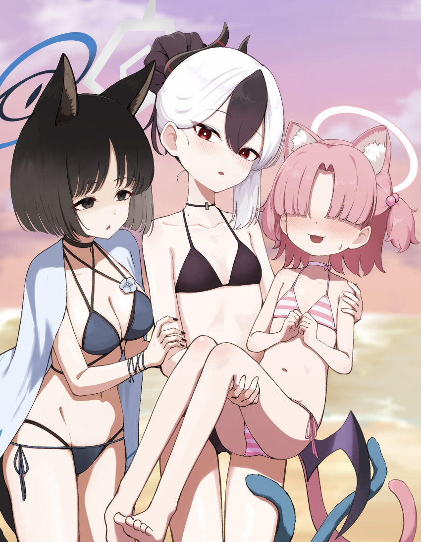 3girls absurdres animal_ears barefoot bikini black_hair black_horns blue_archive blue_bikini blush breasts carrying carrying_person cat_ears cat_tail chlorella_observation_club_member_(blue_archive) cleavage collarbone commentary_request demon_horns groin hair_bun hair_over_eyes halo highres horns kayoko_(blue_archive) kikyou_(blue_archive) kikyou_(swimsuit)_(blue_archive) large_breasts mole mole_on_neck multiple_girls navel official_alternate_costume open_mouth outdoors parted_bangs parted_lips pink_bikini purple_wings red_eyes shiroiurushi short_hair single_hair_bun single_wing small_breasts standing stomach sweat swimsuit tail two_side_up white_hair wings