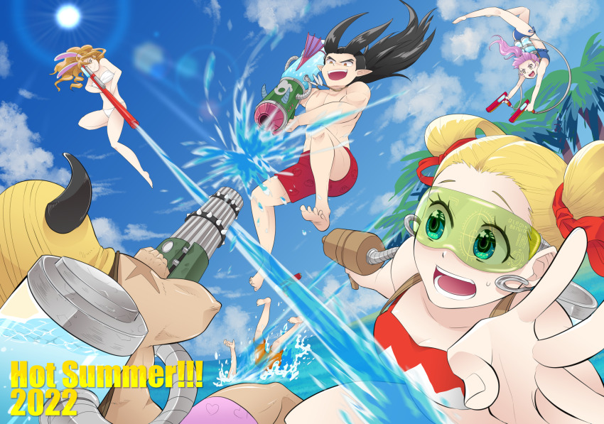 ! !! 2022 3boys 3girls aiming aiming_up animal_ears antenna_hair barefoot bikini black_hair blonde_hair blue_bikini blue_eyes blue_sky blunt_bangs breasts cleavage commentary_request curly_hair day dodging dragon_quest dragon_quest_builders_2 dual_wielding earrings english_text facing_another fake_animal_ears female_builder_(dqb2) floating_hair floating_neckwear gatling_gun green-tinted_eyewear hair_pulled_back hair_ribbon heart heart_print highres holding holding_water_gun hoop_earrings horned_mask jewelry lens_flare long_hair looking_at_another looking_to_the_side low_ponytail male_swimwear mask miruzu_(dqb2) motion_blur multiple_boys multiple_girls muscular muscular_male necklace open_mouth orange_hair orange_male_swimwear palm_tree pero_(dqb2) pink_hair pink_swim_trunks pointy_ears ponytail rabbit_ears red_eyes red_ribbon red_swim_trunks ribbon rimless_eyewear ruru_(dqb2) scar scar_on_shoulder serge_(dqb2) shochuumimai side-tie_bikini_bottom side_ponytail sidoh_(dqb2) silver_earrings sky small_breasts smile spiked_hair strapless strapless_bikini summer sweatdrop swimsuit tinted_eyewear todoroki_dk toned toned_male tooth_necklace tree twintails water water_gun water_tank white_bikini